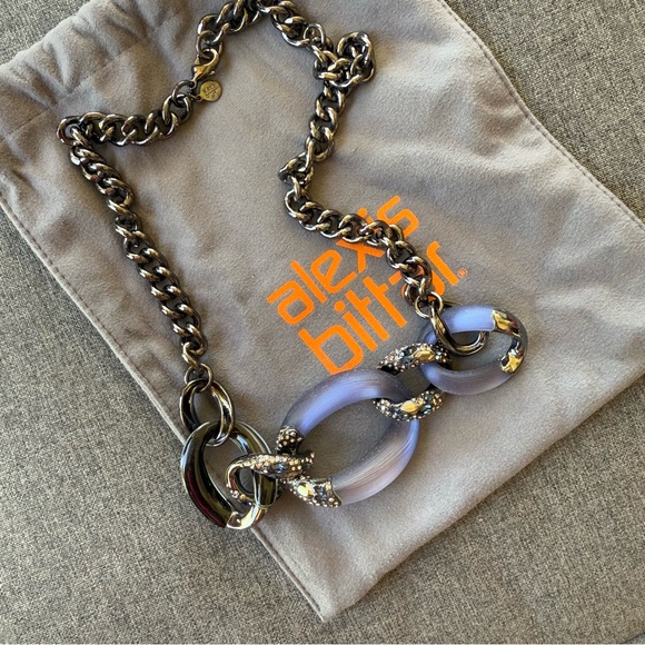 Alexis Bittar Gunmetal Link Necklace with Purple Lucite Accents